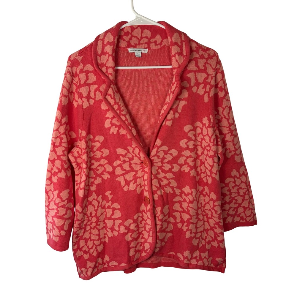 Isaac Mizrahi Live Pinkish Coral Floral Cotton Cardigan Sweater Shawl Collar L